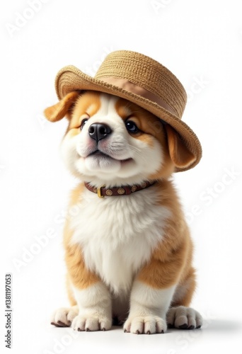 Obraz na płótnie A small dog wearing a straw hat sitting on a white surface w salonie