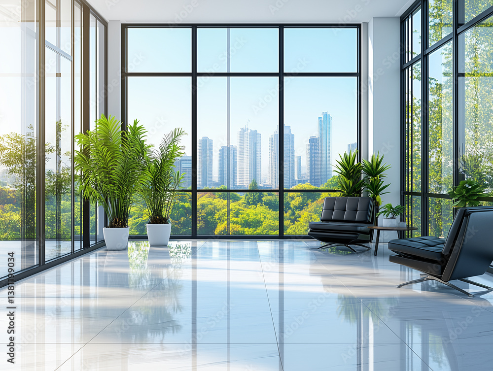 Fototapeta premium Modern Office Hallway with Indoor Plants and Window Overlooking Skyscrapers — Contemporary Business Interior