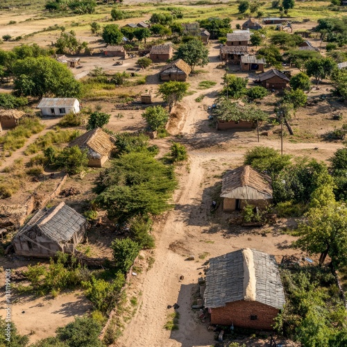Aerial View of Rural African Village with Simple Houses and Sparse Vegetation