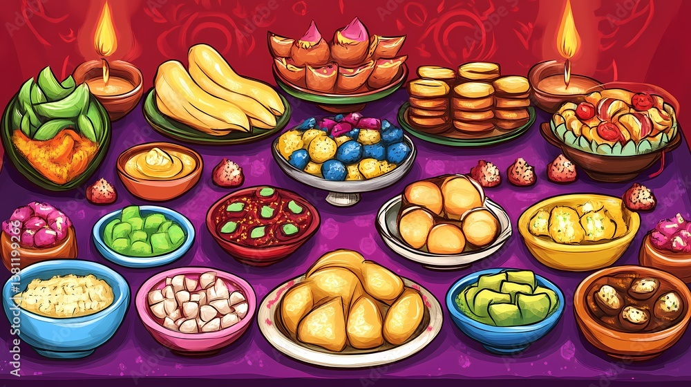 Colorful Indian feast spread on a table Colorful Indian feast spread on a table