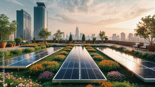 Solar panels are installed on the roof of a skyscraper with a seating area for office staff, residents of the house. Wildflowers and plants in pots grow on the roof of the house next to the solarpanel