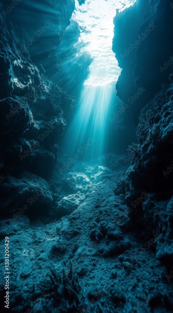 Sunbeams Illuminate Dark Underwater Cavern Sunbeams Illuminate Dark Underwater Cavern