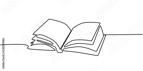 Simple one line illustration of an open book. Minimalist black continuous line art perfect for education, reading, literature or academic design projects on white background
