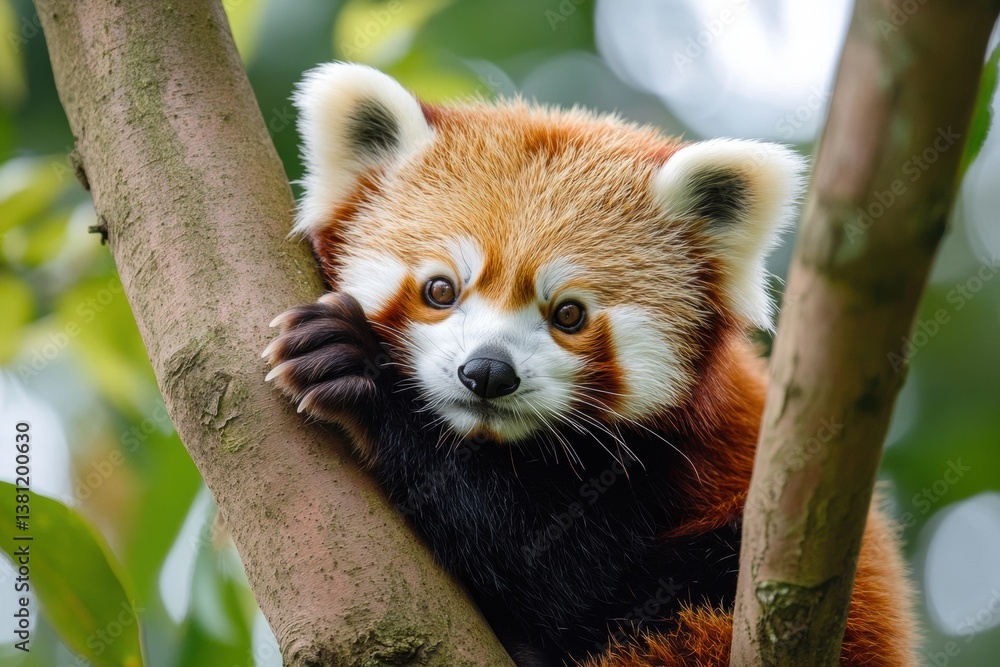 Obraz premium Adorable red panda in tree with lush green background