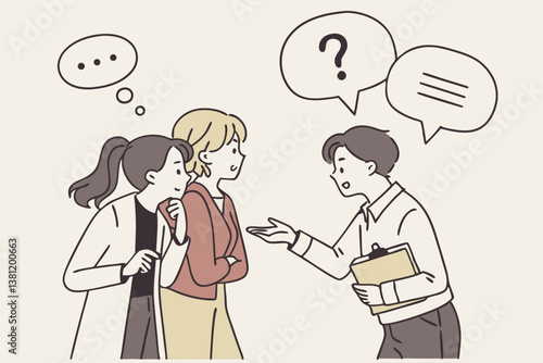 Ask questions for help or solution, confusion, doubt or query for answer and information, business discussion to solve problem concept, business people employee ask questions with question mark signs.