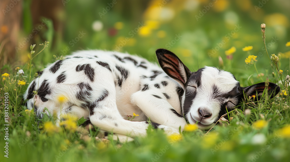 Obraz premium Cute black spotted baby goat, sleeping in a summer meadow with wild flowers, nature photography. Beautiful mockup or background for springtime, cute adorable goat.