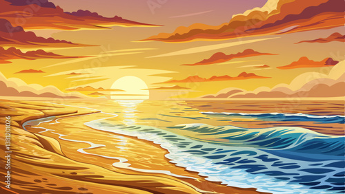 ocean waves rolling onto a sandy beach under a golden sunrise, sea landscape