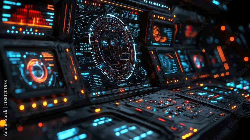 Naklejka premium Futuristic Spaceship Cockpit Interface: A High-Tech Digital Dashboard Display