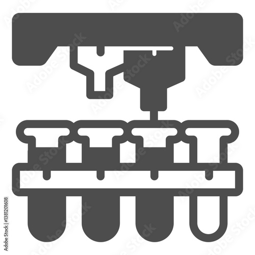 Flasks on conveyor and two liquid taps solid icon, pharmacy concept. Vector graphics. Flasks glass and faucet sign on white background, glyph style icon for mobile or web design.