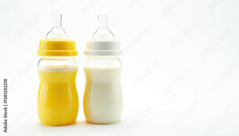 Baby Bottles Side by Side: Yellow Contains Liquid, White Holds Milk. A couple of baby bottles sitting next to each other. Baby Bottles Side by Side: Yellow Contains Liquid, White Holds Milk. A couple of baby bottles sitting next to each other.