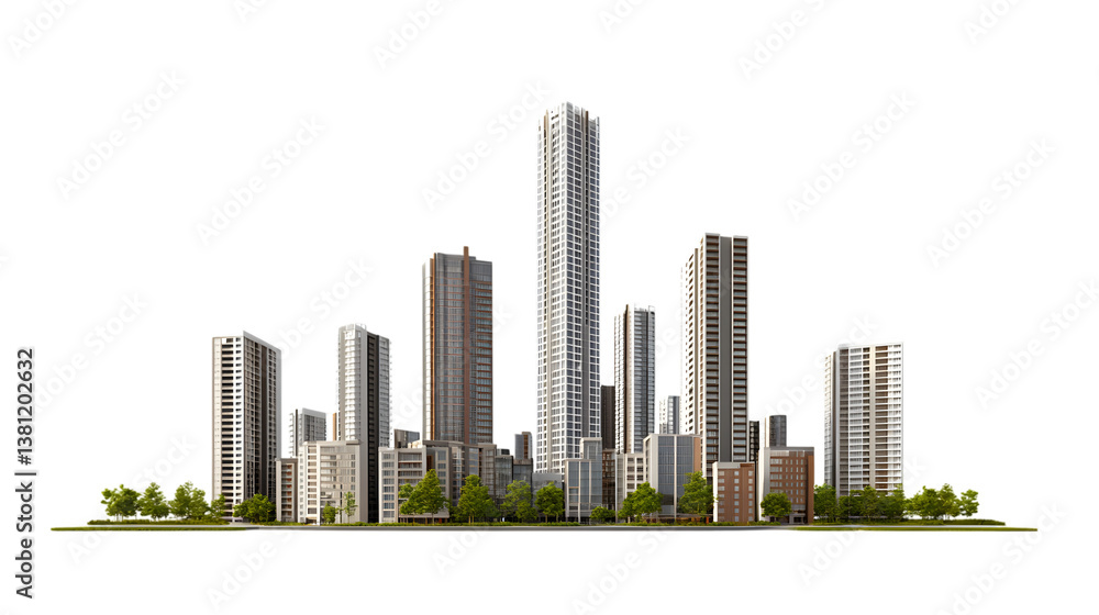 Fototapeta premium Modern City Buildings Isolated on Transparent Background. Modern Urban Skyline Isolated on Transparent Background.