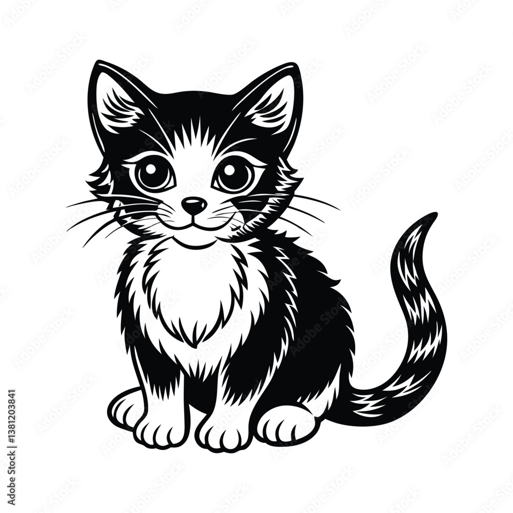 Obraz premium Black and White Cartoon Cat Illustration 