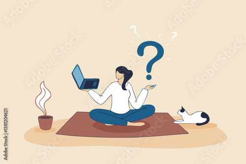 Solve problem, contemplation or relaxation help find solution, focus or calm mindfulness to get answer, understanding or brainstorming concept, businesswoman lotus meditate to solve work problem.