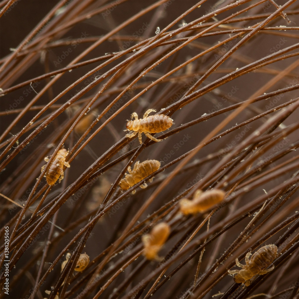 Close-up with many lice in the hair