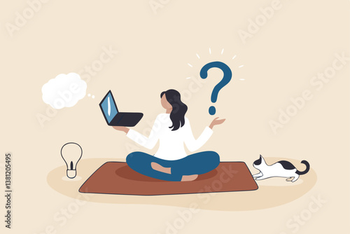 Solve problem, contemplation or relaxation help find solution, focus or calm mindfulness to get answer, understanding or brainstorming concept, businesswoman lotus meditate to solve work problem.