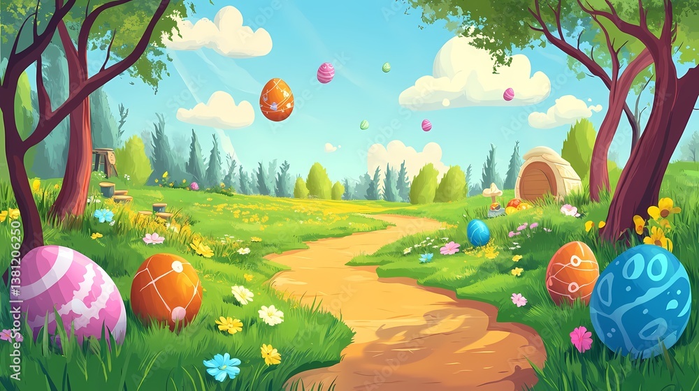 Fototapeta premium Colorful Easter Egg Hunt Path in Forest Meadow