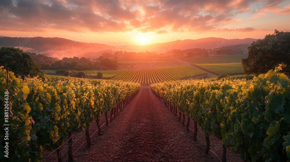 Fototapeta premium Vineyard rows extend to the horizon beneath a radiant sunset