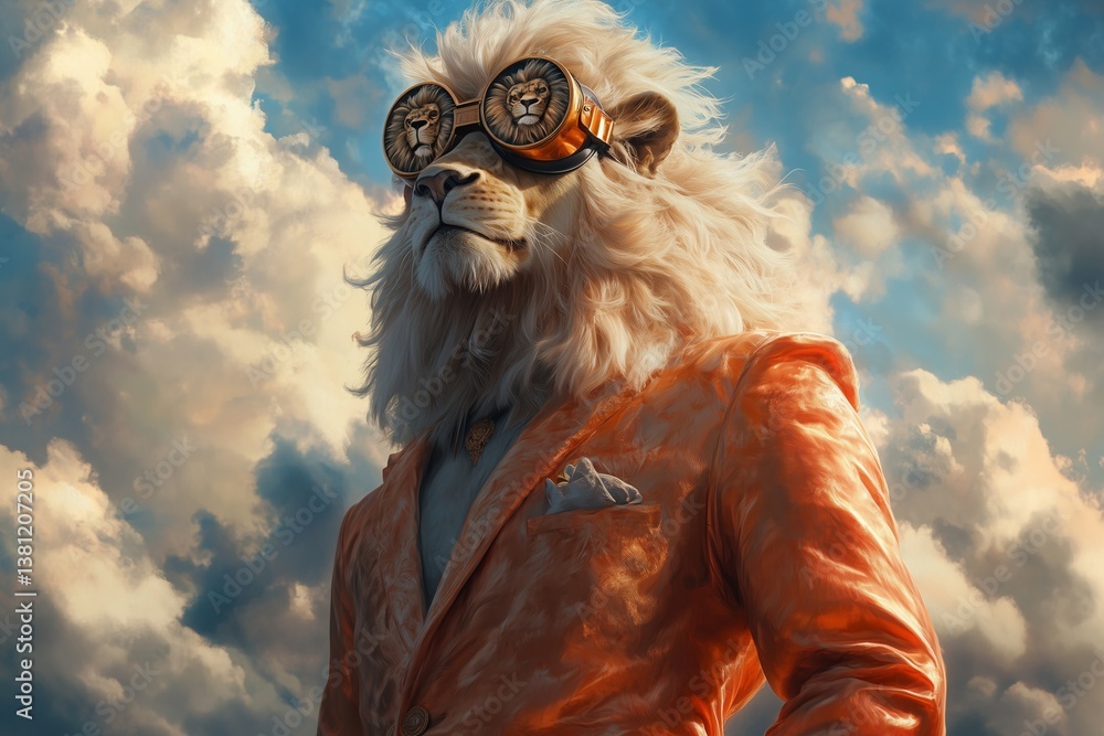 Zeus in Elegant Fluffy Silk Suit with Lion-Themed Goggles, Portrait of Power Zeus in Elegant Fluffy Silk Suit with Lion-Themed Goggles, Portrait of Power
