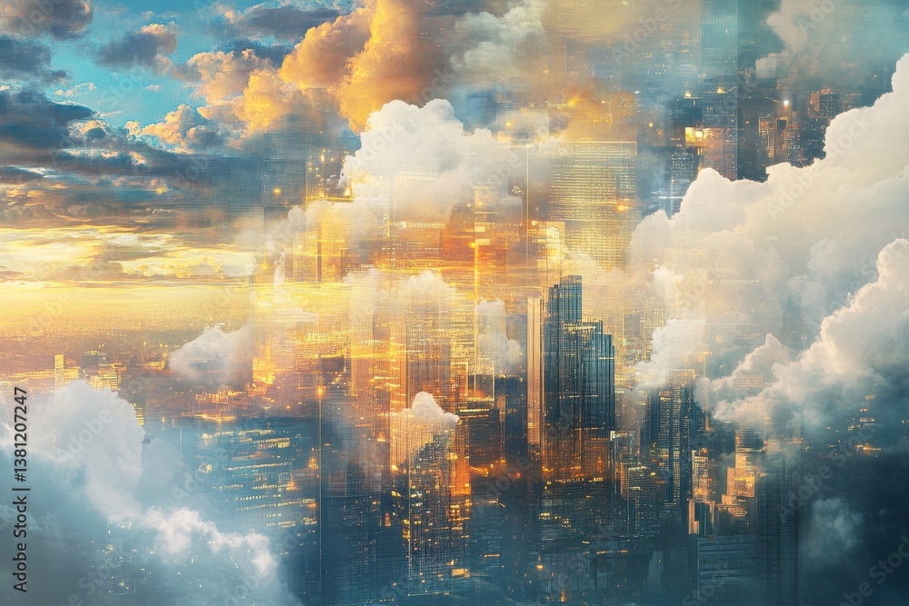 Fototapeta premium Cityscape merged with clouds in an abstract painting Depict a seamless flow of information between devices and services through ethereal cloudlike imagery .