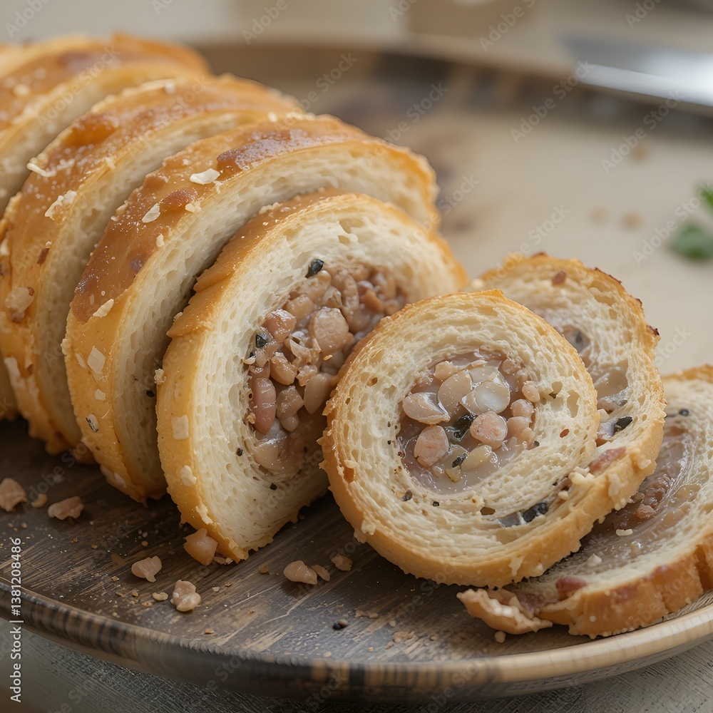 Sliced Savory Stuffed Bread Roll on Plate
* Filled Bread Slices with Meat and Vegetable Filling
* Closeup of Savory Pinwheel Bread Slices
Focusing on Ingredients & Flavor:
* Savory Stuffed Bread wi