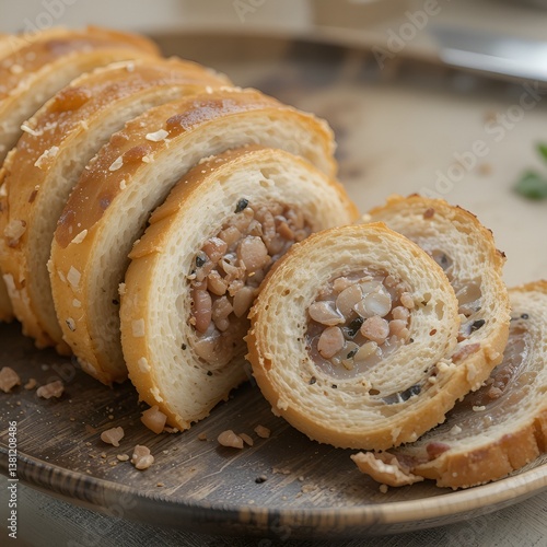 Sliced Savory Stuffed Bread Roll on Plate
 * Filled Bread Slices with Meat and Vegetable Filling
 * Closeup of Savory Pinwheel Bread Slices
Focusing on Ingredients & Flavor:
 * Savory Stuffed Bread wi