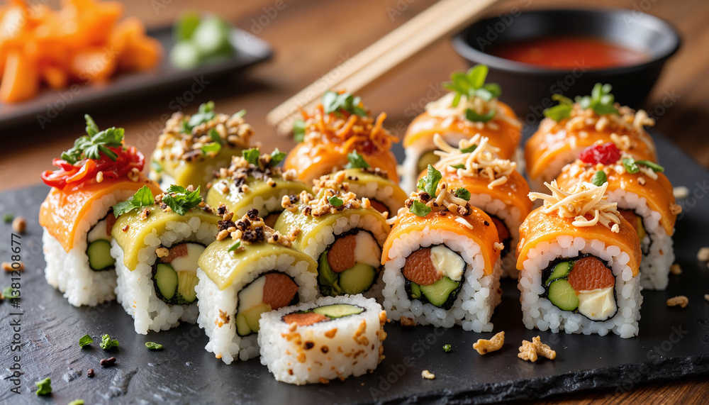 Vibrant sushi rolls arranged artistically on wooden table, culinary delight Vibrant sushi rolls arranged artistically on wooden table, culinary delight