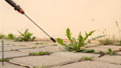 Close-up of garden sprayer with purposeful mood targeting weeds growing between pavement tiles against beige wall background representing weed control and maintenance