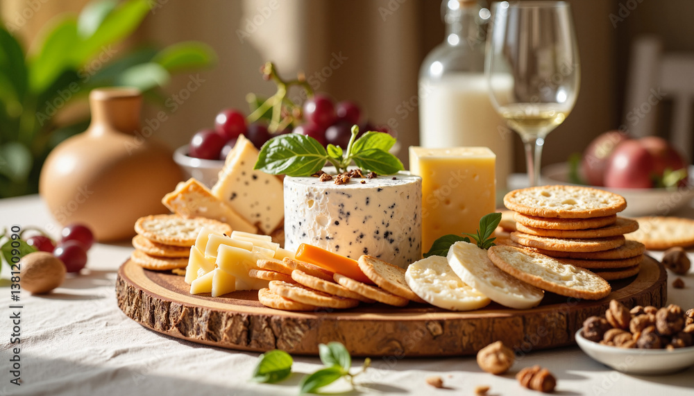 Elegant plant-based cheese and crackers display, rustic dining setup Elegant plant-based cheese and crackers display, rustic dining setup