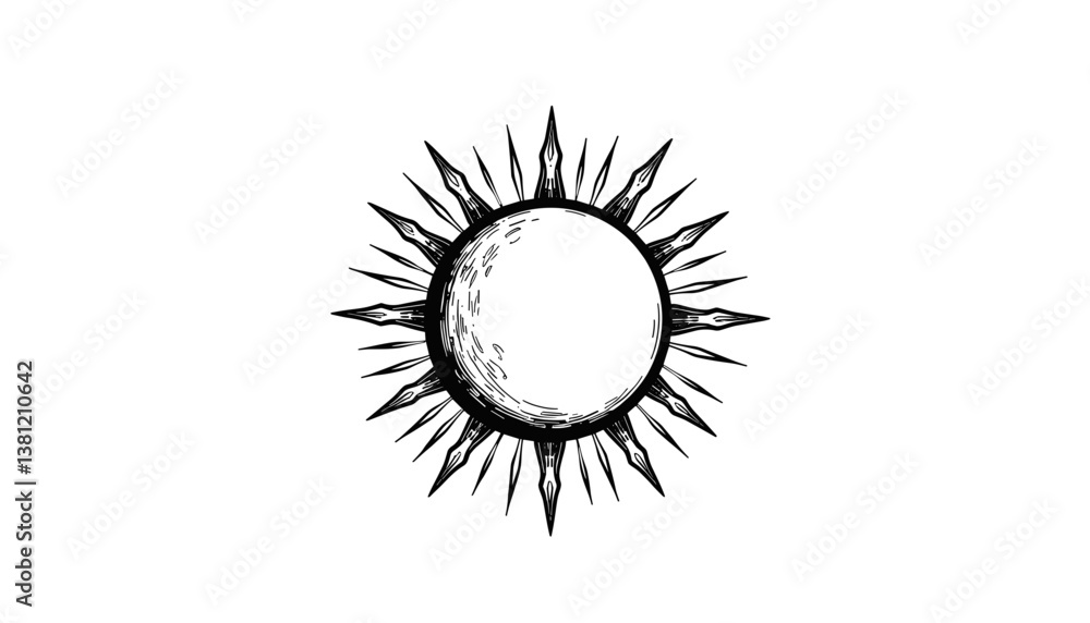 Fototapeta premium Sun illustration with rays in black and white style , slavic sun 