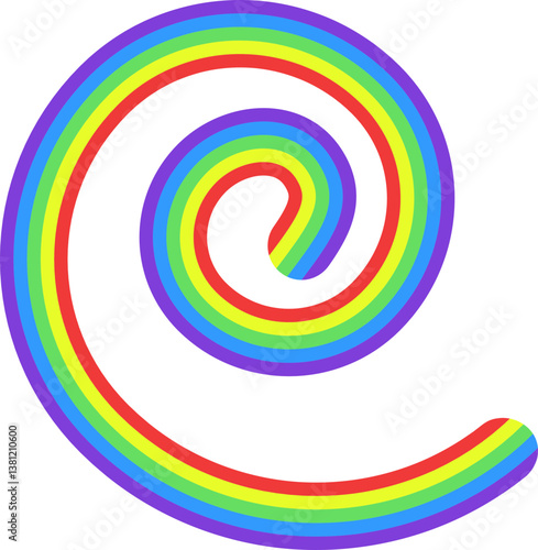 Rainbow colored line in a spiral shape with a round center.