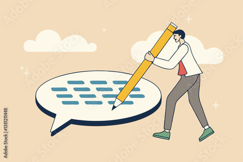 Written communication, writing email skill to success, communicate with text or message, understanding or effective handwriting manuscript concept, businessman writing message on speech bubble.