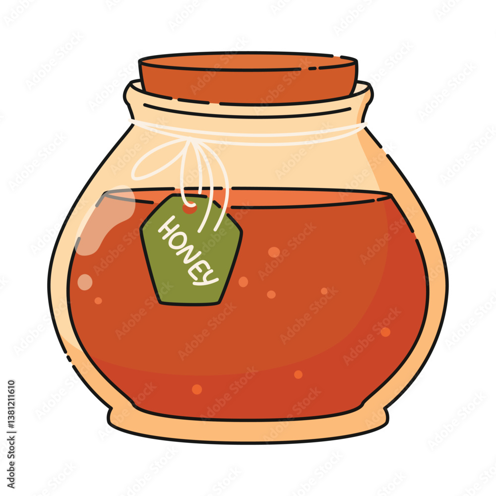 Jar with cork and label with honey dark orange natural sweetness. Beekeeping Jar with cork and label with honey dark orange natural sweetness. Beekeeping