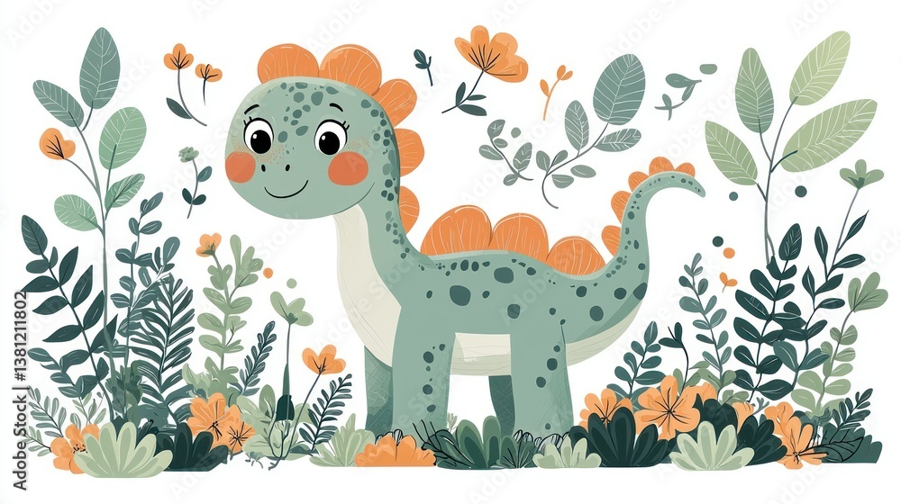 Obraz premium Adorable Dinosaur in a Lush Garden: A whimsical illustration of a friendly dinosaur surrounded by vibrant flowers and foliage.