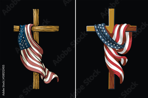 American Flag Draped on Christian Cross – Patriotic Faith Symbol Illustration
