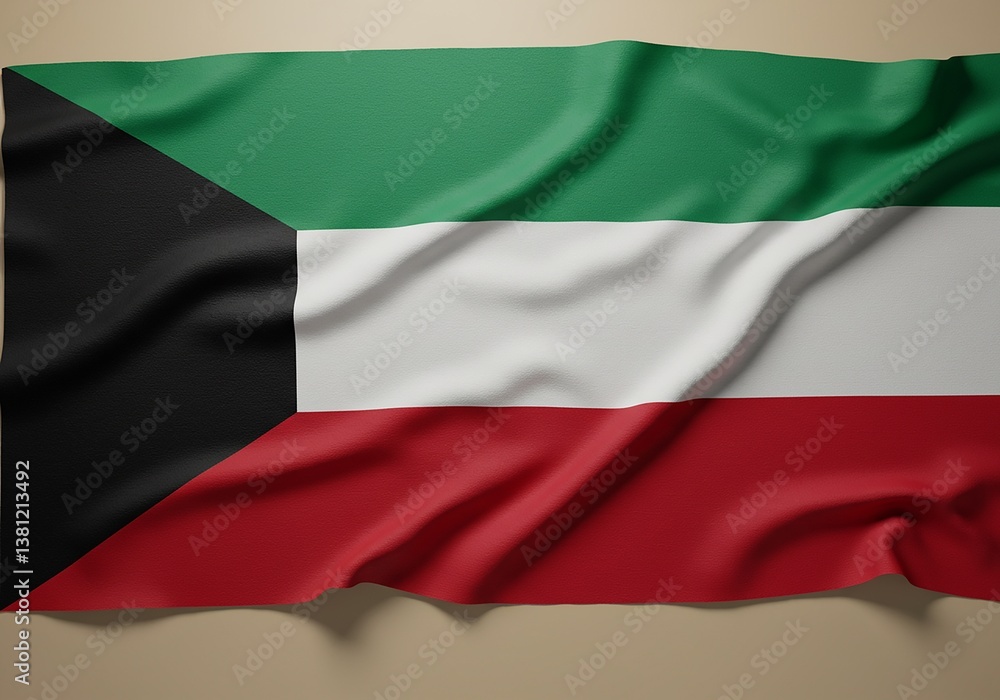 Obraz premium Kuwait Flag Official National Symbol, Waving Fabric, Green, White, Black, Red Colors.