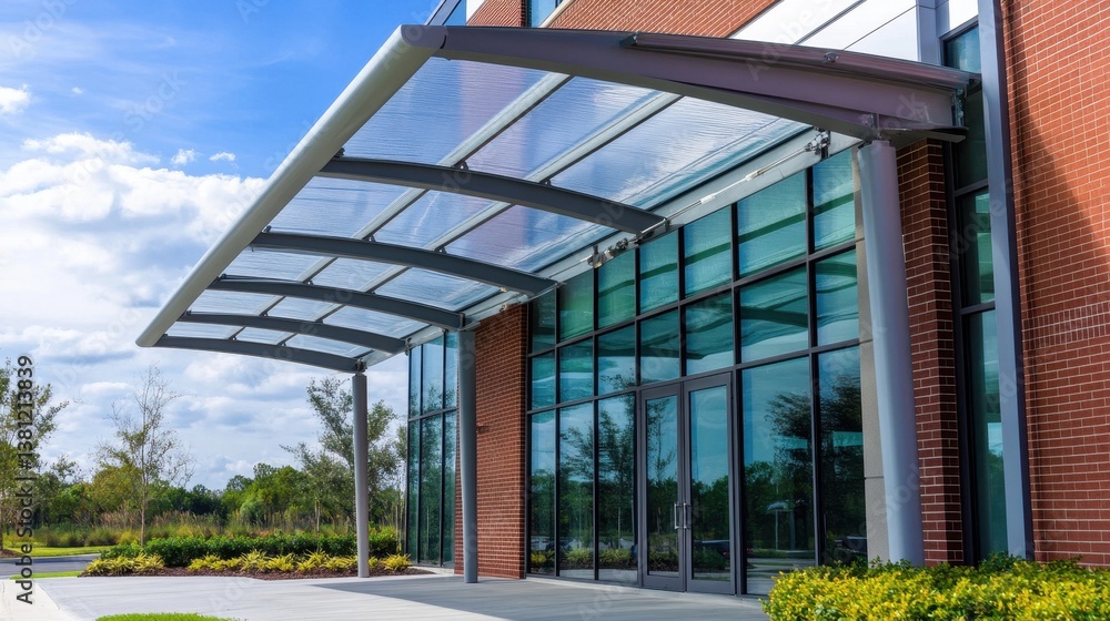 Modern Glass Entrance with Canopy and Landscaping Modern Glass Entrance with Canopy and Landscaping
