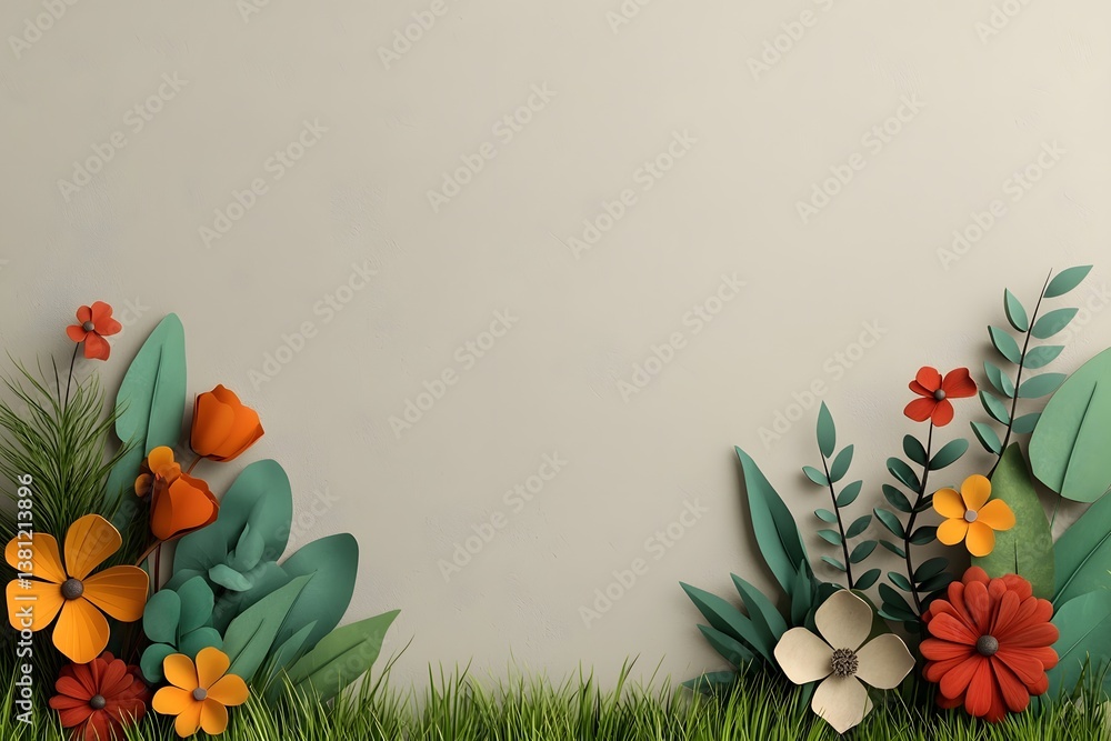 Whimsical floral border with colorful wildflowers and lush foliage