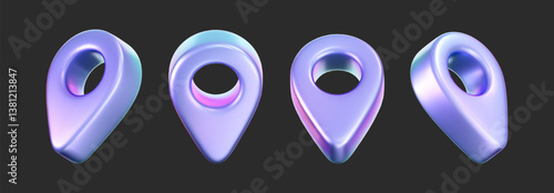 3D holographic location pin icons with iridescent and neon effects. Isolated on a dark background. Render of a geolocation pointer with a rainbow gradient. Perfect for GPS app, digital map. 3D vector