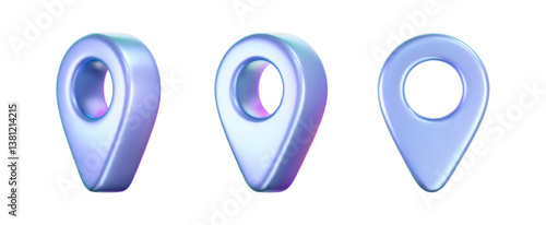 3D holographic location pin icons with iridescent and neon effects. Isolated on a dark background. Render of a geolocation pointer with a rainbow gradient. Perfect for GPS app, digital map. 3D vector