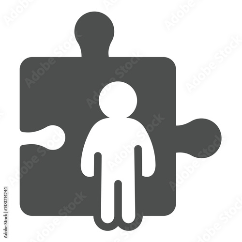 Man and large puzzle piece solid icon, recruitment concept. Vector graphics. Puzzle game, human recourse sign on white background, glyph style icon for mobile or web design.