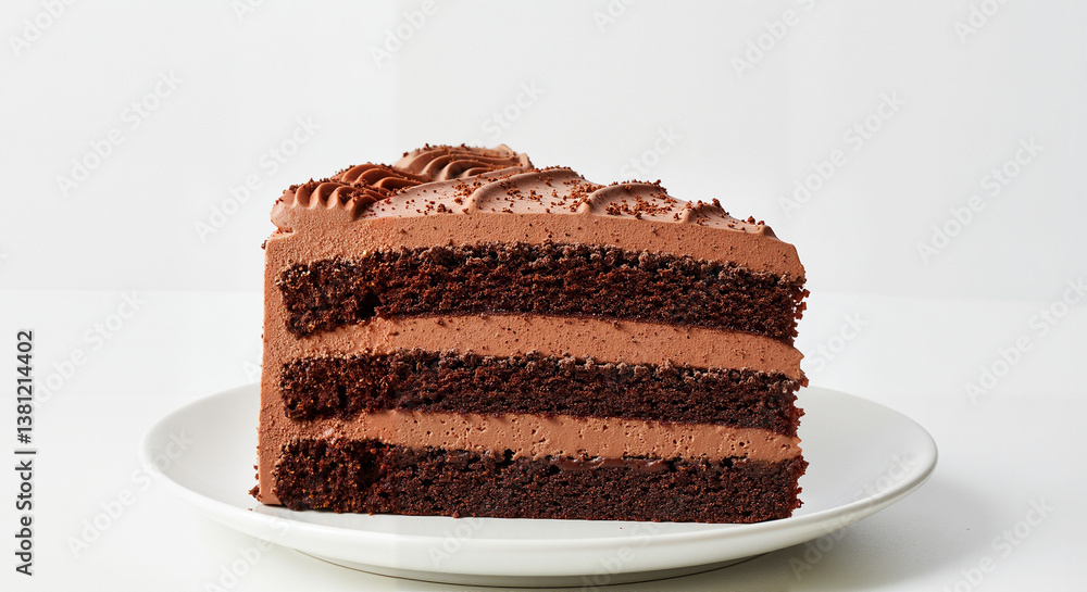 Chocolate cake slice on white plate Chocolate cake slice on white plate