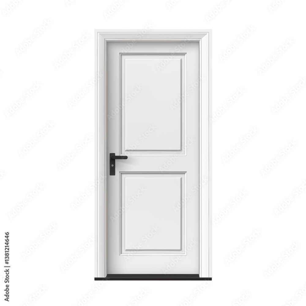 Isolated white interior door with black handle in a  studio shot clean design on transparent background png