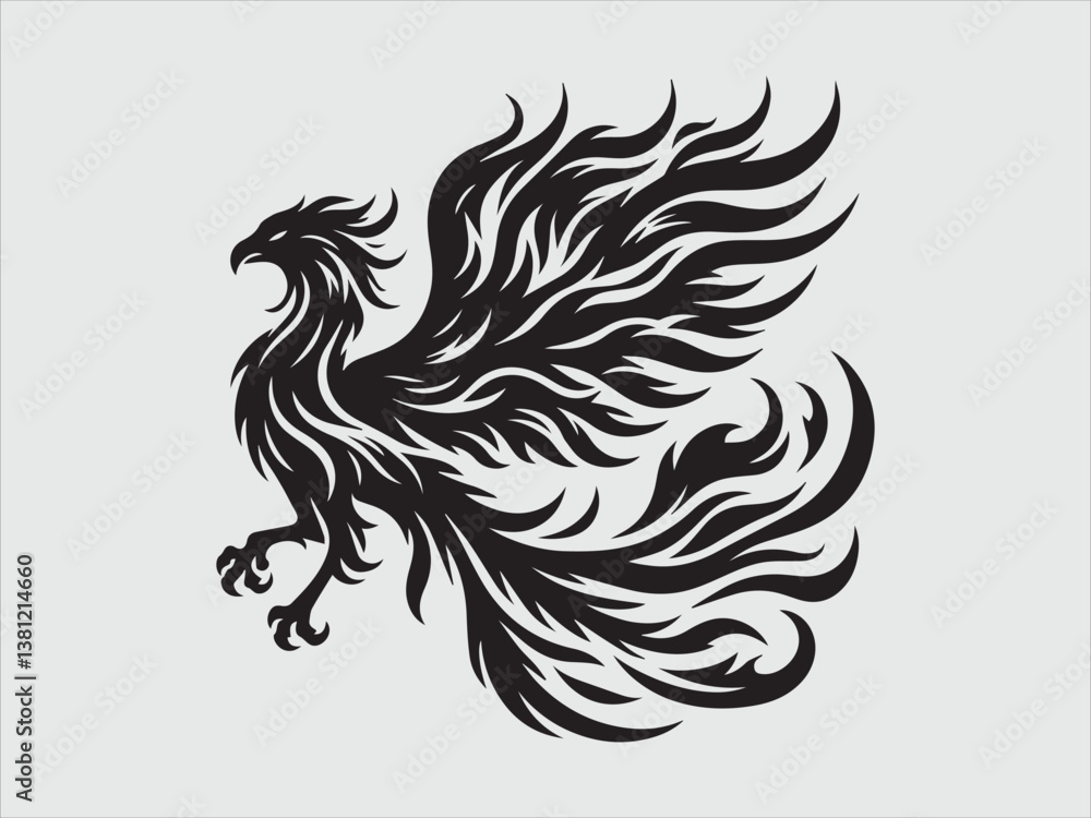 Naklejka premium Flaming Phoenix Silhouette with Majestic Wings and Fiery Rising Symbol of Rebirth and Power