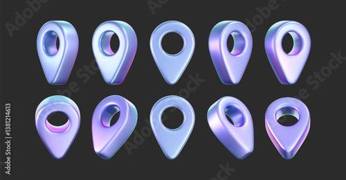 3D holographic location pin icons with iridescent and neon effects. Isolated on a dark background. Render of a geolocation pointer with a rainbow gradient. Perfect for GPS app, digital map. 3D vector