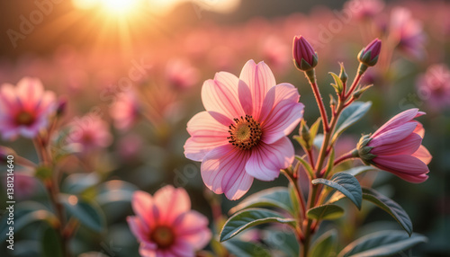 A field of pink flowers with the sun shining on them. The flowers are in full bloom and the sun is casting a warm glow on the scene