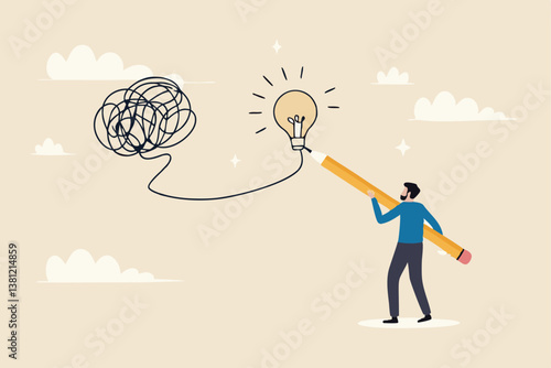 Creativity to solve problem, solution from trouble or difficulty, simplify idea from messy chaos problem, business skill solve complex obstacle concept, business man draw lightbulb from messy knot.