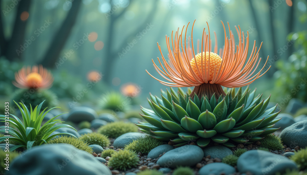 Fototapeta premium A small plant with a yellow flower is growing in a rocky field. The plant is surrounded by rocks and grass, giving it a natural and wild appearance