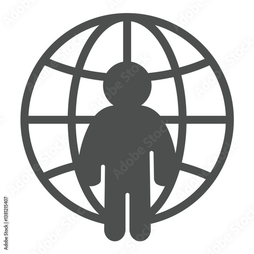 Freelancer and world globe solid icon, design recruitment concept. Vector graphics. Remote worker man, human recourse sign on white background, glyph style icon for mobile or web design.