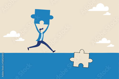 Complete jigsaw puzzle to solve business problem, solution or connection for business achievement, challenge and accomplishment concept, businessman complete last missing jigsaw puzzle piece.