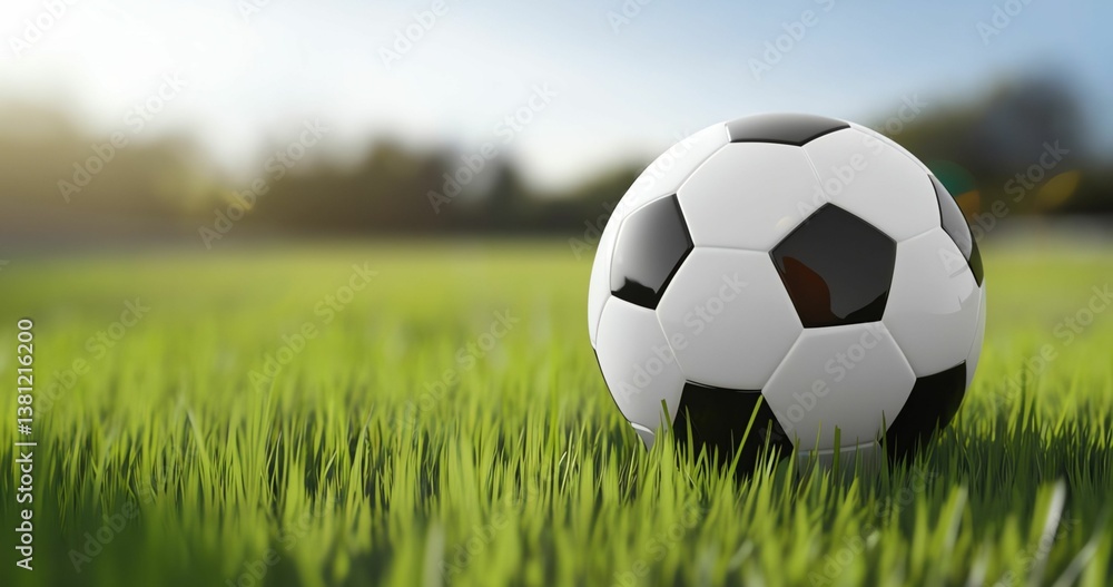 Fototapeta premium 3D render A classic black and white soccer ball rests on vibrant green grass under a bright sky, with a blurred background of trees and soft sunlight.